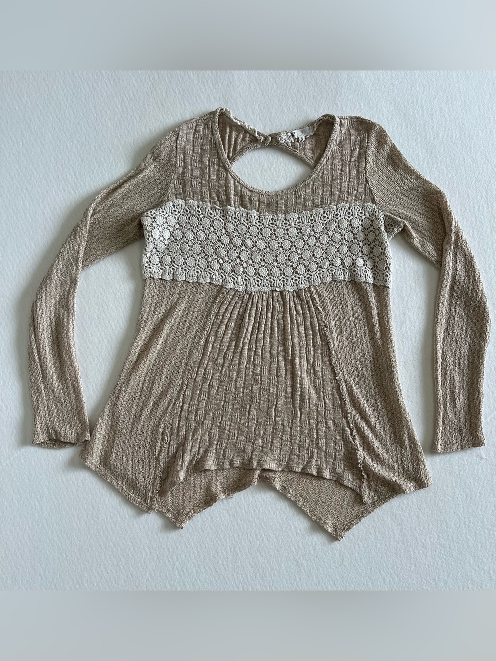 Jolt XL Beige Crochet Lace Sharkbite Hem Boho Long Sleeve Top